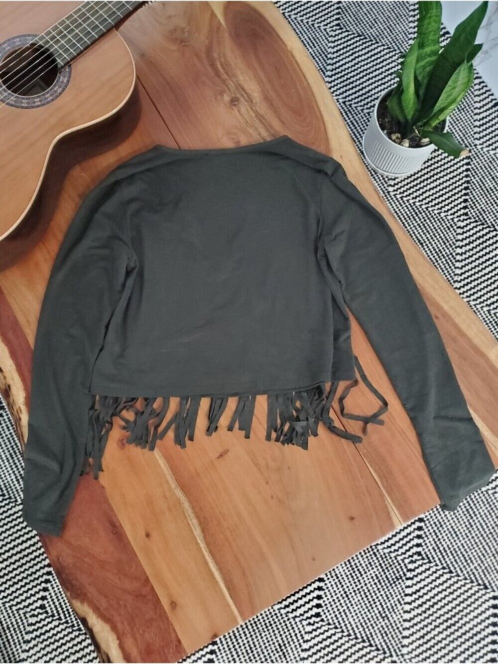 Vintage Y2K Fringe Tassel Microsuede Semi Crop Olive Green Western Country Top - Picture 2 of 5